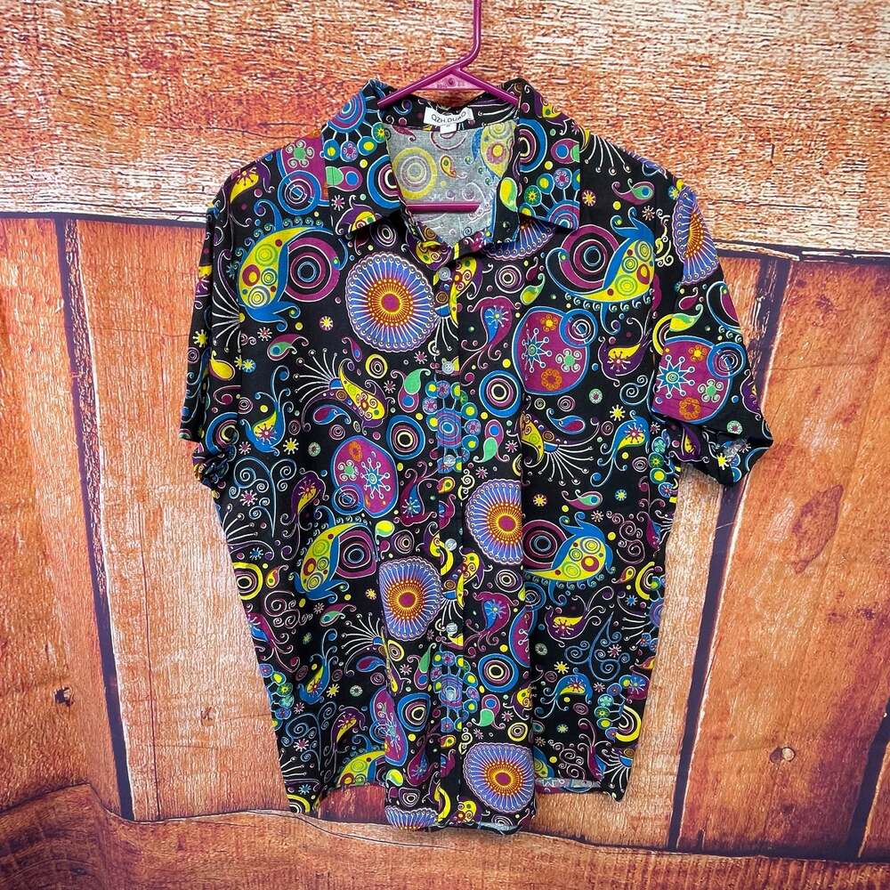 QZH.DUAO Men's Paisley Graphic Print Short Sleeve Button-Down Shirt Sz M
